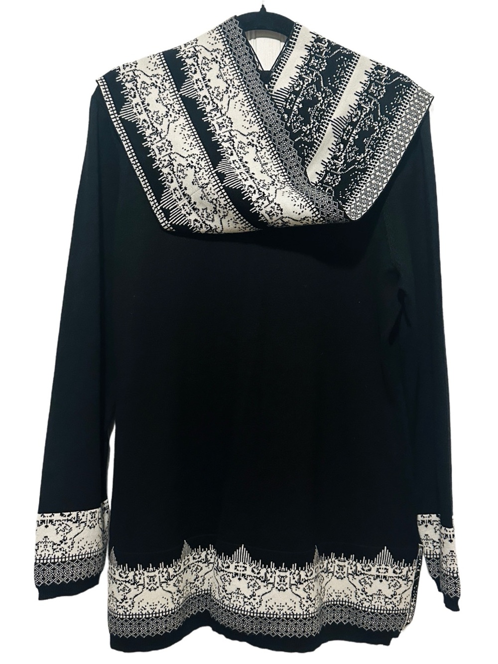 Notations Black Sweater with White Patterned Cowl